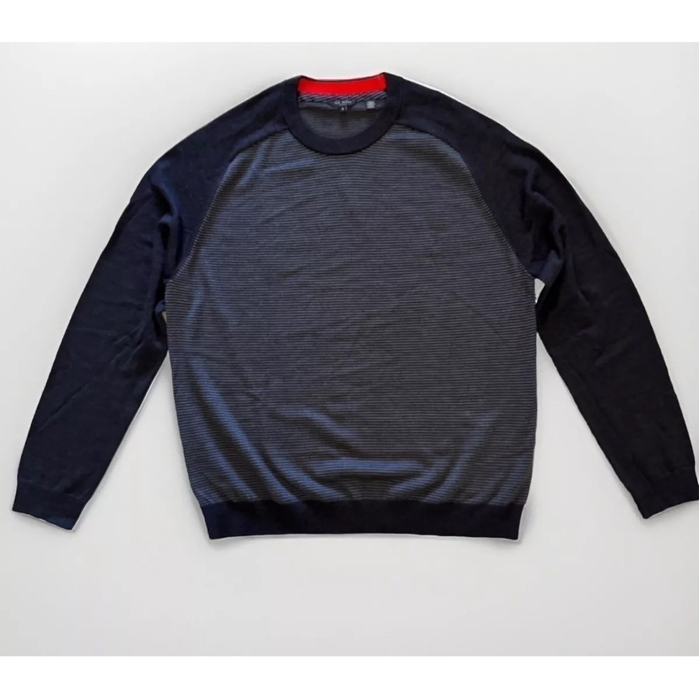 Ted Baker Mens TopUp Sweater Xl Sz 6 Gray Stripe Wool Knit Classic Preppy EUC